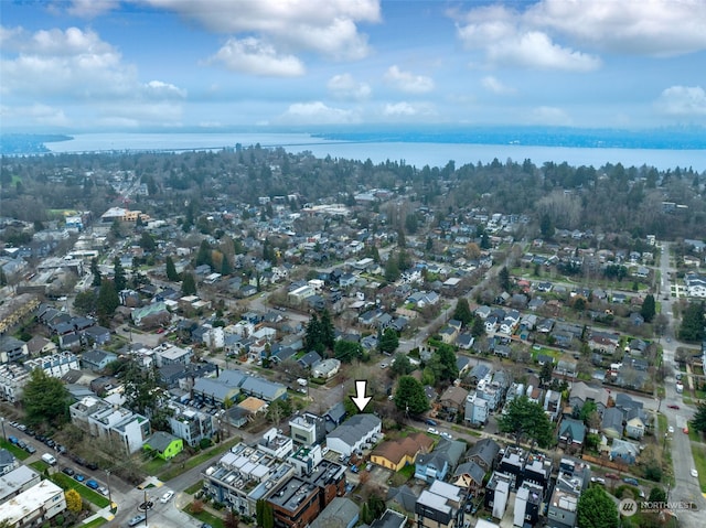 drone / aerial view featuring a water view