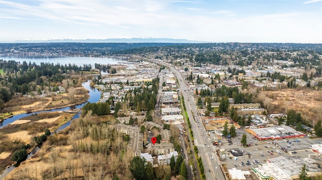 drone / aerial view featuring a water view