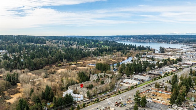 bird's eye view with a forest view and a water view