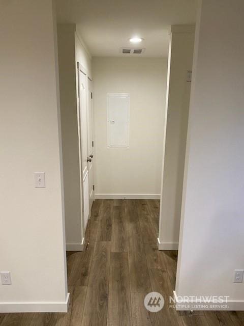 hall featuring electric panel and dark wood-type flooring