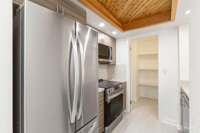 kitchen with stainless steel appliances, decorative backsplash, a tray ceiling, and wood ceiling