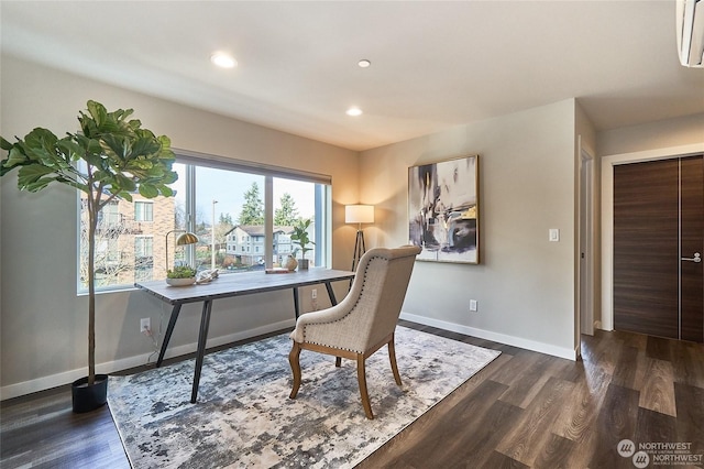 home office featuring recessed lighting, baseboards, and dark wood-style flooring