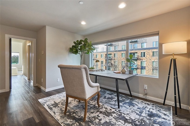 office space featuring dark wood-style floors, recessed lighting, and baseboards