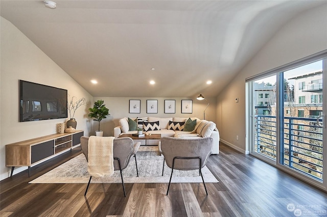 living area featuring dark wood finished floors, recessed lighting, baseboards, and vaulted ceiling