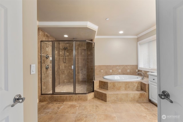 bathroom with crown molding and shower with separate bathtub