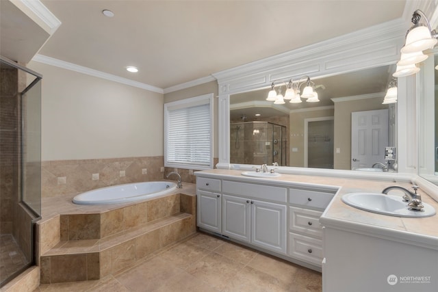 bathroom with plus walk in shower, ornamental molding, and vanity