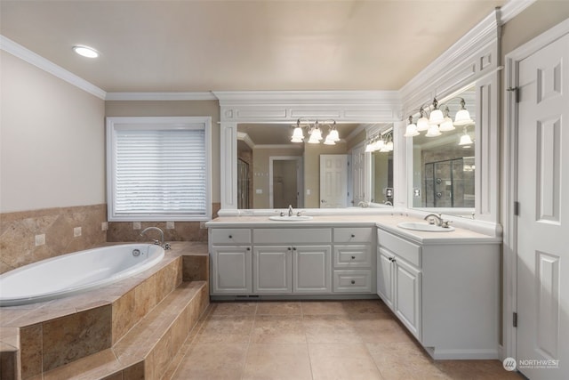 bathroom featuring vanity, crown molding, independent shower and bath, and tile patterned flooring