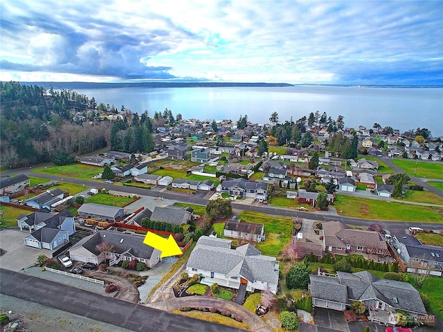 drone / aerial view featuring a water view