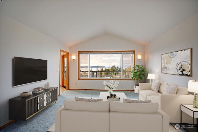 living room featuring lofted ceiling and light carpet