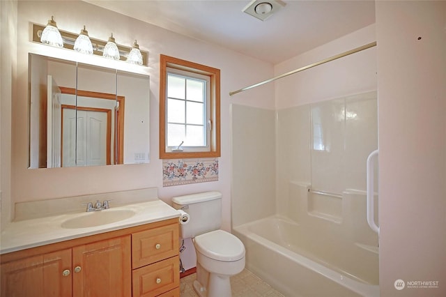 full bathroom with toilet, shower / tub combination, and vanity