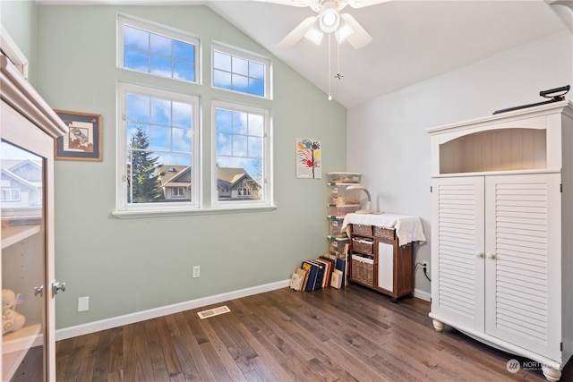 miscellaneous room with lofted ceiling, dark wood-type flooring, and ceiling fan