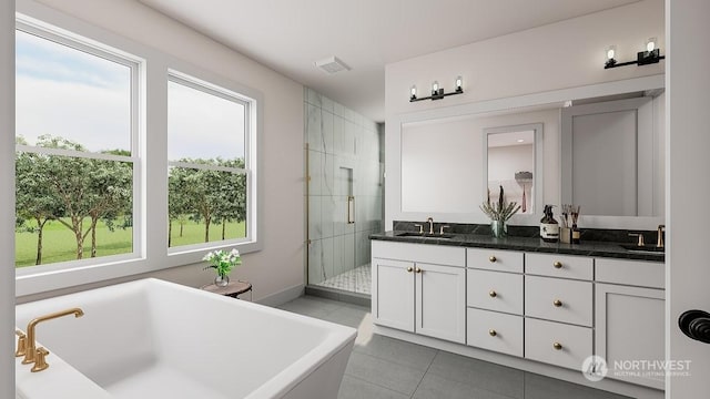 bathroom with separate shower and tub, tile patterned flooring, and vanity