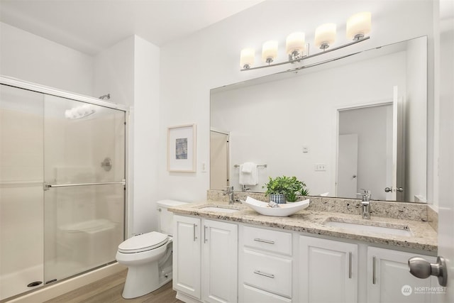 bathroom with wood-type flooring, toilet, walk in shower, and vanity