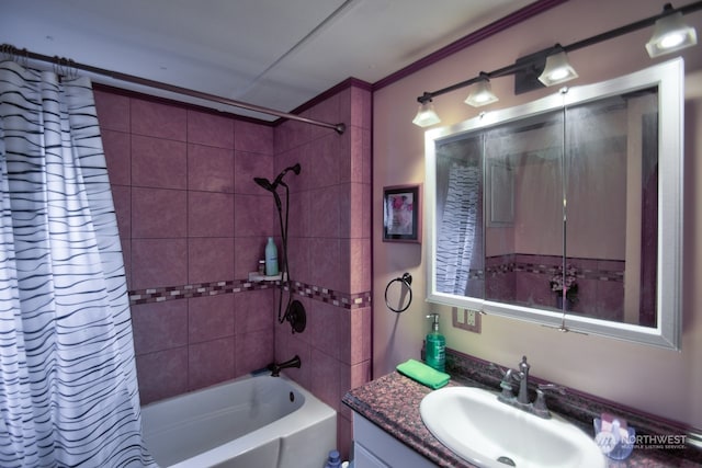 bathroom with shower / bath combination with curtain and vanity