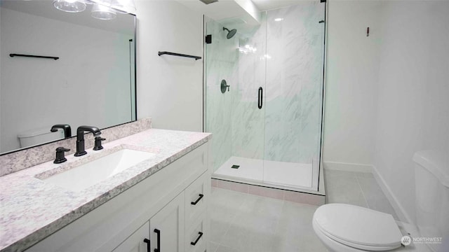 bathroom featuring tile patterned floors, walk in shower, vanity, and toilet