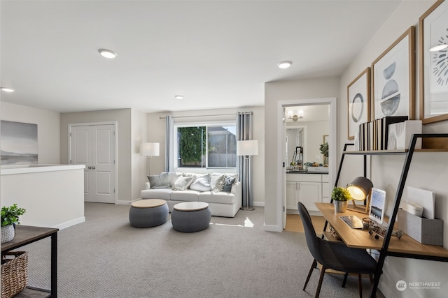 living room featuring light colored carpet