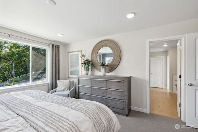 bedroom with light colored carpet