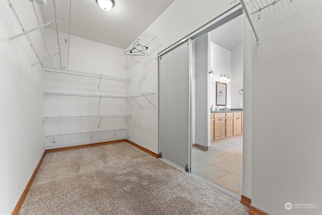 walk in closet with sink and carpet