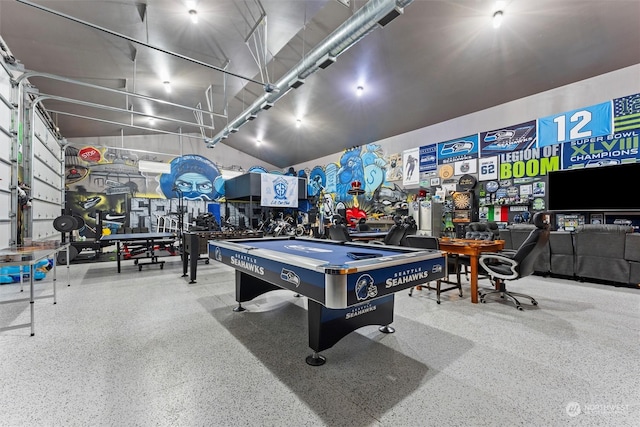 recreation room with billiards and lofted ceiling