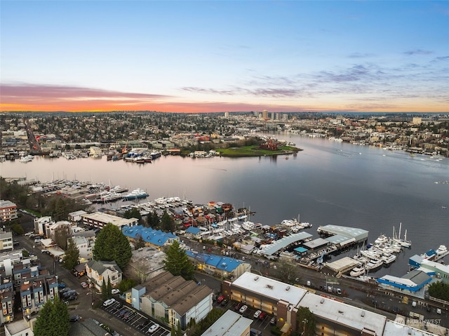 aerial view at dusk featuring a water view