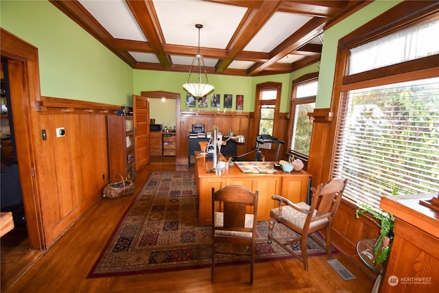 home office featuring dark wood-type flooring, coffered ceiling, wood walls, and beamed ceiling