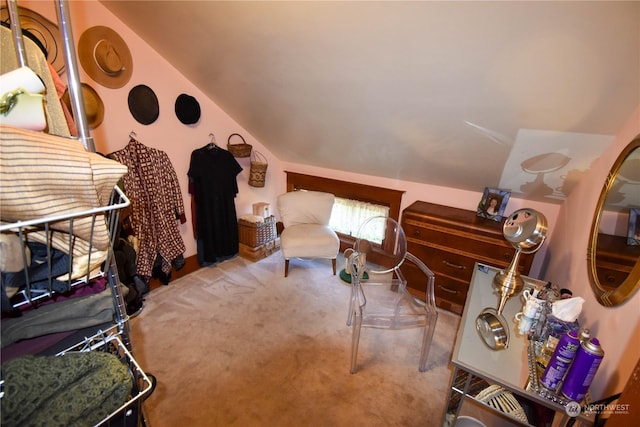 interior space with vaulted ceiling and carpet flooring