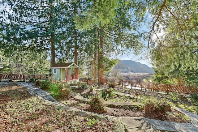 view of yard with a mountain view and a shed