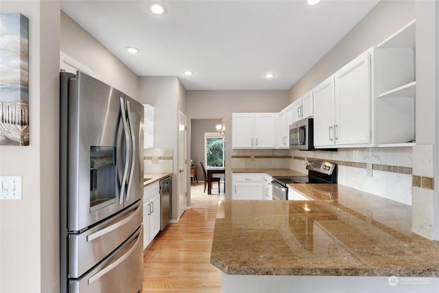 kitchen featuring white cabinetry, tasteful backsplash, stone countertops, appliances with stainless steel finishes, and kitchen peninsula