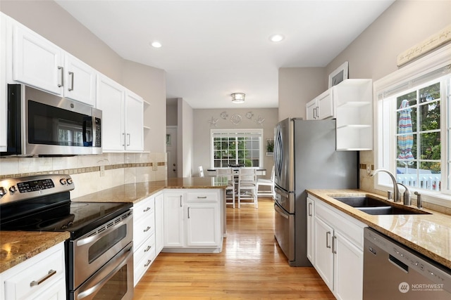 kitchen with stainless steel appliances, kitchen peninsula, sink, and white cabinets