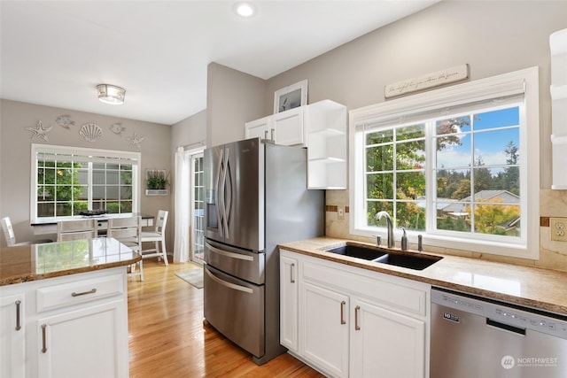 kitchen with appliances with stainless steel finishes, sink, backsplash, white cabinets, and light stone counters