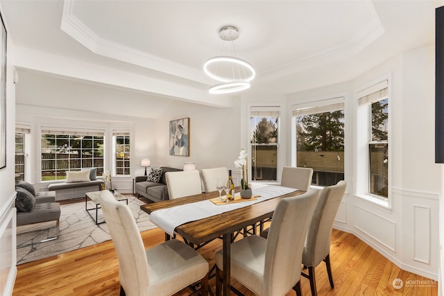 dining area with a tray ceiling and light hardwood / wood-style flooring