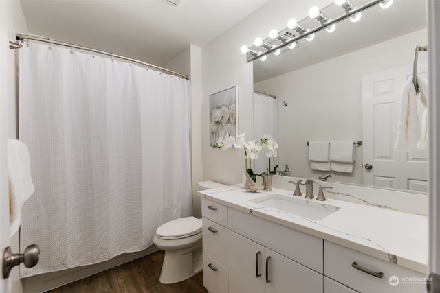 bathroom featuring toilet, vanity, and wood-type flooring