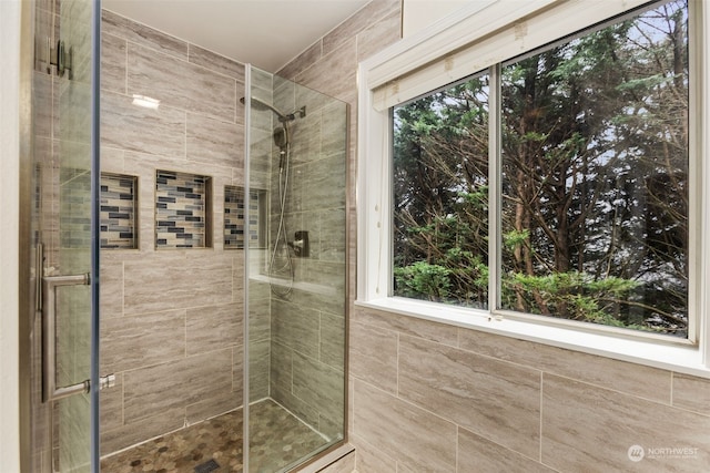 bathroom with a shower with shower door and a wealth of natural light