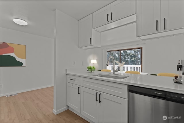 kitchen with sink, white cabinets, light hardwood / wood-style floors, and stainless steel dishwasher