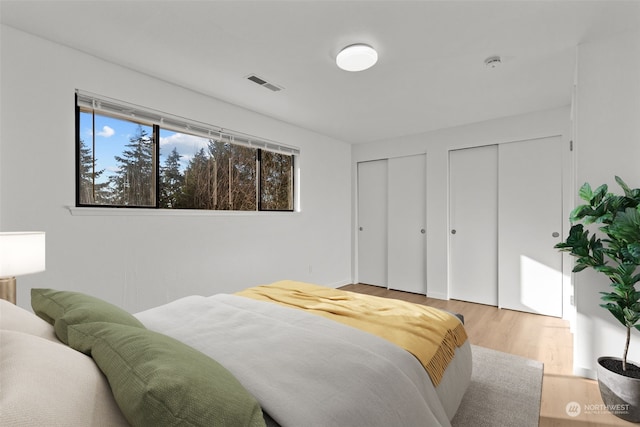 bedroom featuring light hardwood / wood-style flooring and two closets