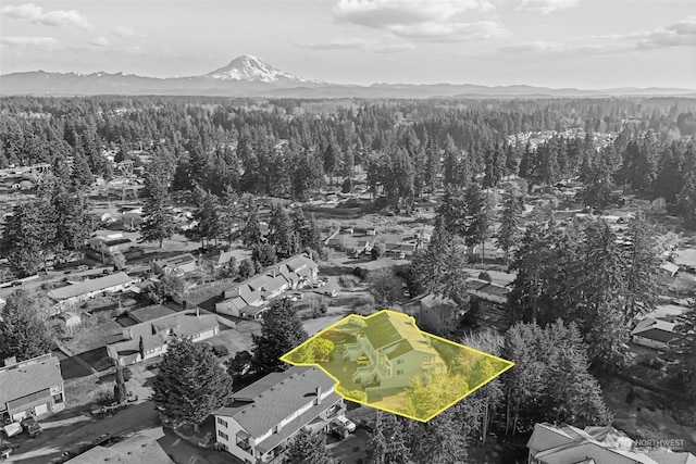 drone / aerial view featuring a mountain view