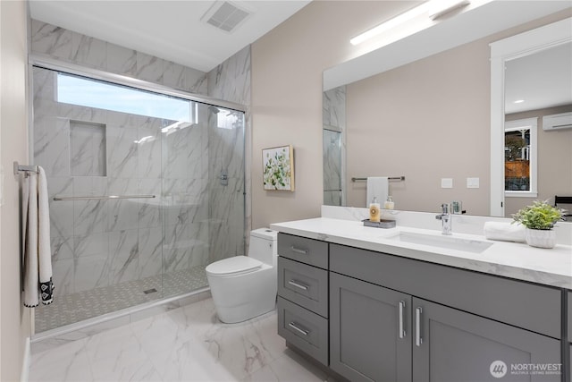 bathroom featuring visible vents, toilet, marble finish floor, a wall unit AC, and a marble finish shower