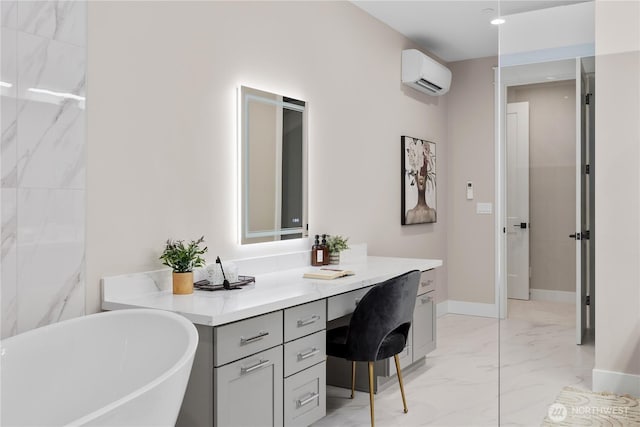 full bath featuring vanity, baseboards, a soaking tub, a wall mounted air conditioner, and marble finish floor