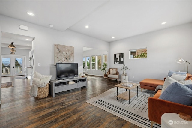 living room with french doors and dark wood-type flooring