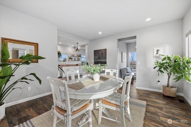 dining space with dark hardwood / wood-style flooring