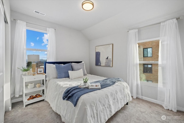 carpeted bedroom featuring vaulted ceiling