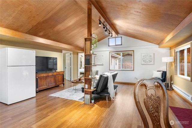 living room with vaulted ceiling with beams, light wood-type flooring, track lighting, a baseboard heating unit, and wood ceiling