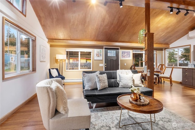 living room featuring lofted ceiling, rail lighting, light hardwood / wood-style floors, and a healthy amount of sunlight