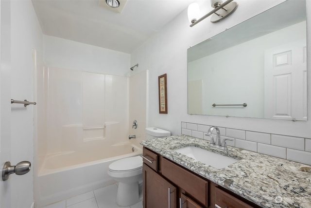 full bathroom featuring toilet, tile patterned flooring,  shower combination, backsplash, and vanity