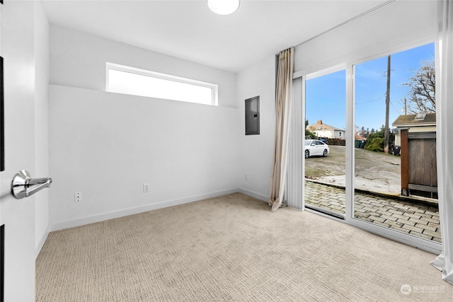 carpeted spare room featuring a fireplace and electric panel