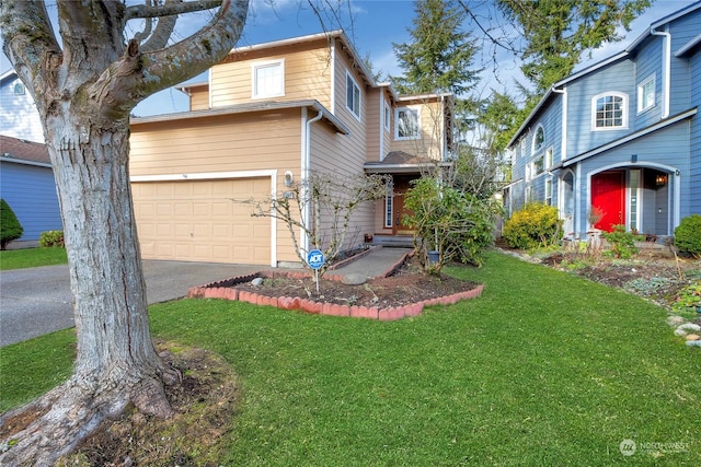 front facade featuring a front yard and a garage