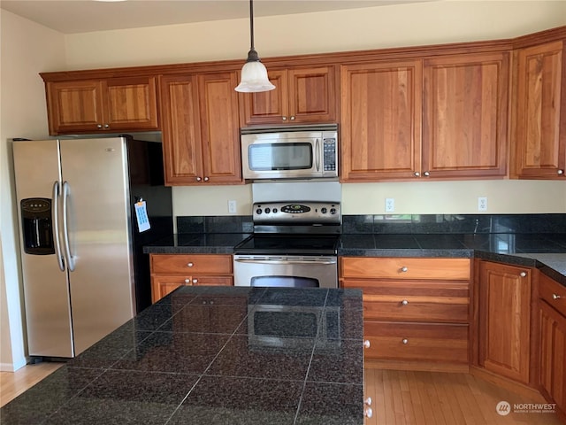 kitchen featuring stainless steel appliances, light wood-type flooring, and decorative light fixtures