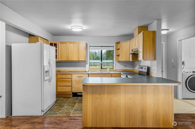 kitchen with white fridge with ice dispenser, washer / dryer, light brown cabinetry, stainless steel range with electric stovetop, and sink