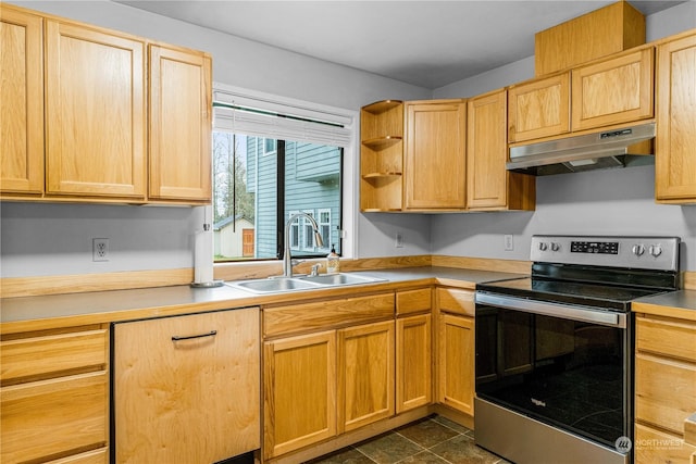 kitchen featuring sink, light brown cabinets, and electric range