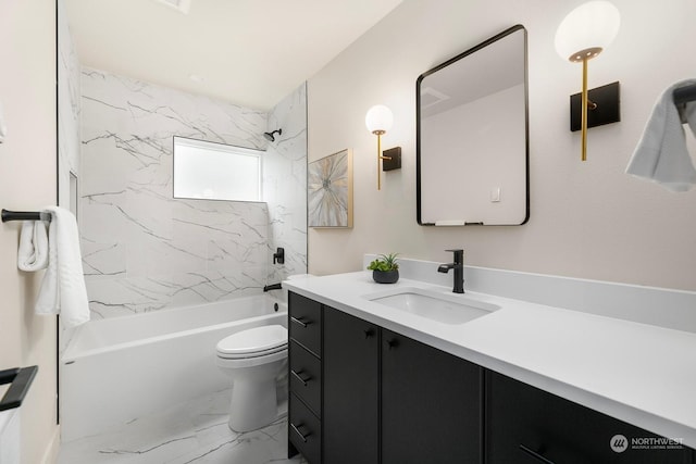 full bathroom with toilet, vanity, and tiled shower / bath combo